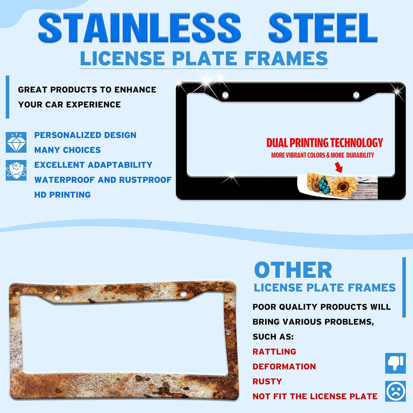 Blue Lightning License Plate Frame Funny Thunder License Plate Holder for Front or Rear Car Tags Reusable Durable Stainless Steel Car Decoration with Screws 6.3 X 12.2 Inch for Men Women