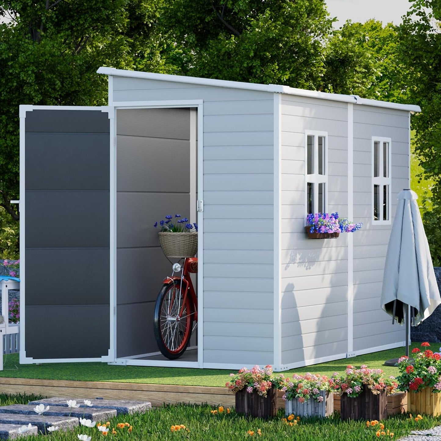 8x4 FT Resin Storage Shed with Floor Window for Outdoor Garden Waterproof Plastic Sheds Kit for Backyard Tool Storage, Gray