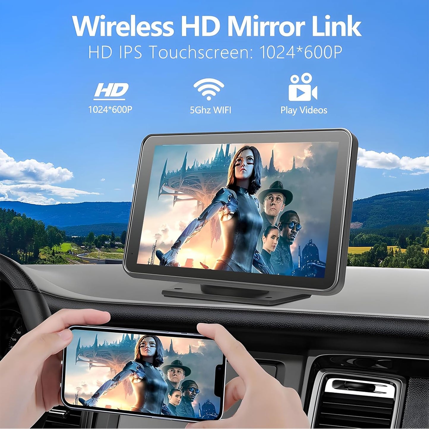 Portable Carplay Screen for Car, 7" Wireless Carplay & Android Auto with Bluetooth, HD Backup Camera, GPS Navigation, Siri, FM, AUX, Mirror Link for All Vehicles