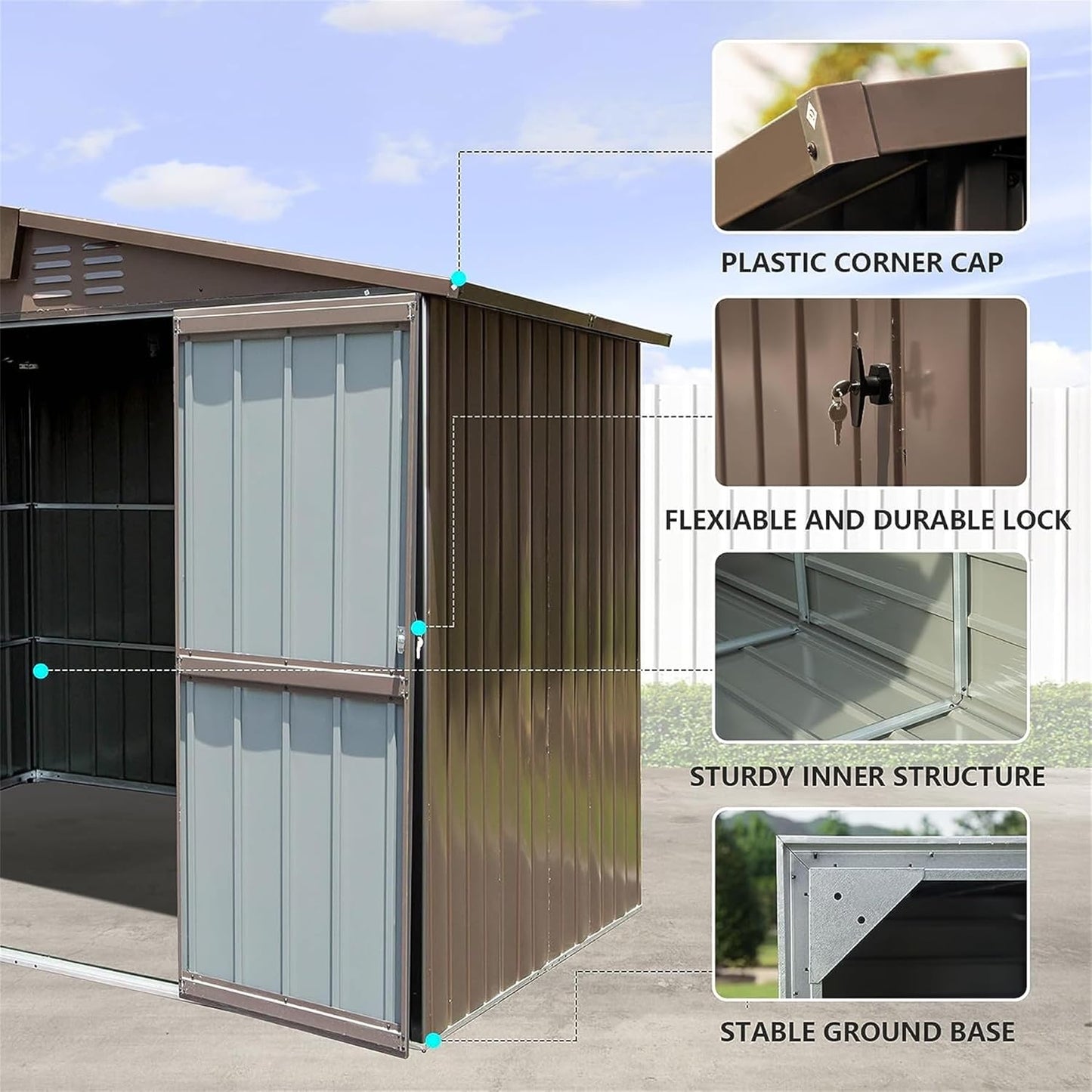 IKERY Metal Storage Shed 8.2' x 6.2' with Double Lockable Doors & Air Vents - Utility Tool Shed for Backyard, Patio, Garden - Brown