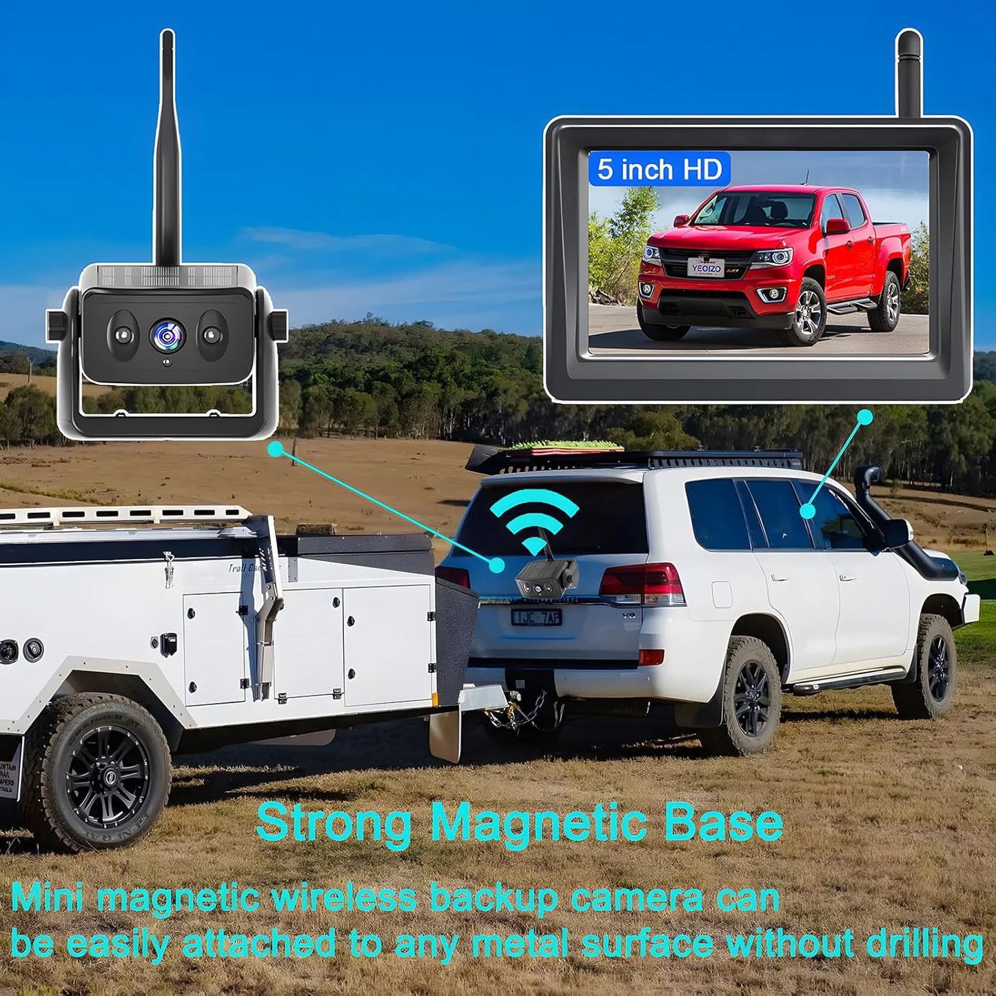 Wireless Backup Camera for Trucks & RVs, Solar - Powered - Magnetic, Portable, No - Drill, No - Wire Easy Install, Night Vision, Rechargeable with 5" HD Monitor systems for Car, Camper, Trailer
