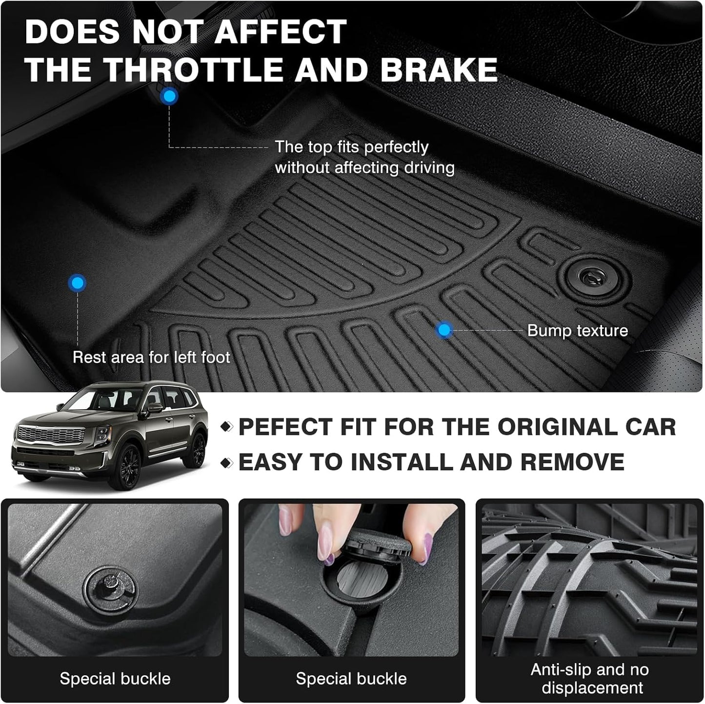 Powerty Floor Mats for 2020-2025 2026 Kia Telluride 7 Seats Accessories All Weather Floor Liner 3D TPE Floor Mat Heavy-Duty Floor Liners