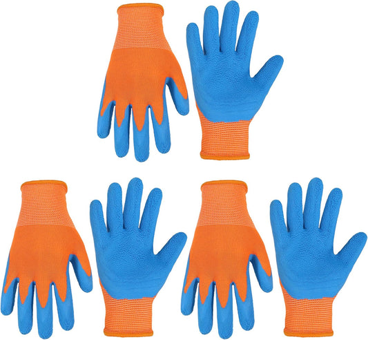 HANDLANDY 3 Pairs Kids Gardening Gloves Latex Free, Nitrile Coated Children Toddler Garden Yard Work Gloves for Little Girls Boys (Size L, Black-Orange)