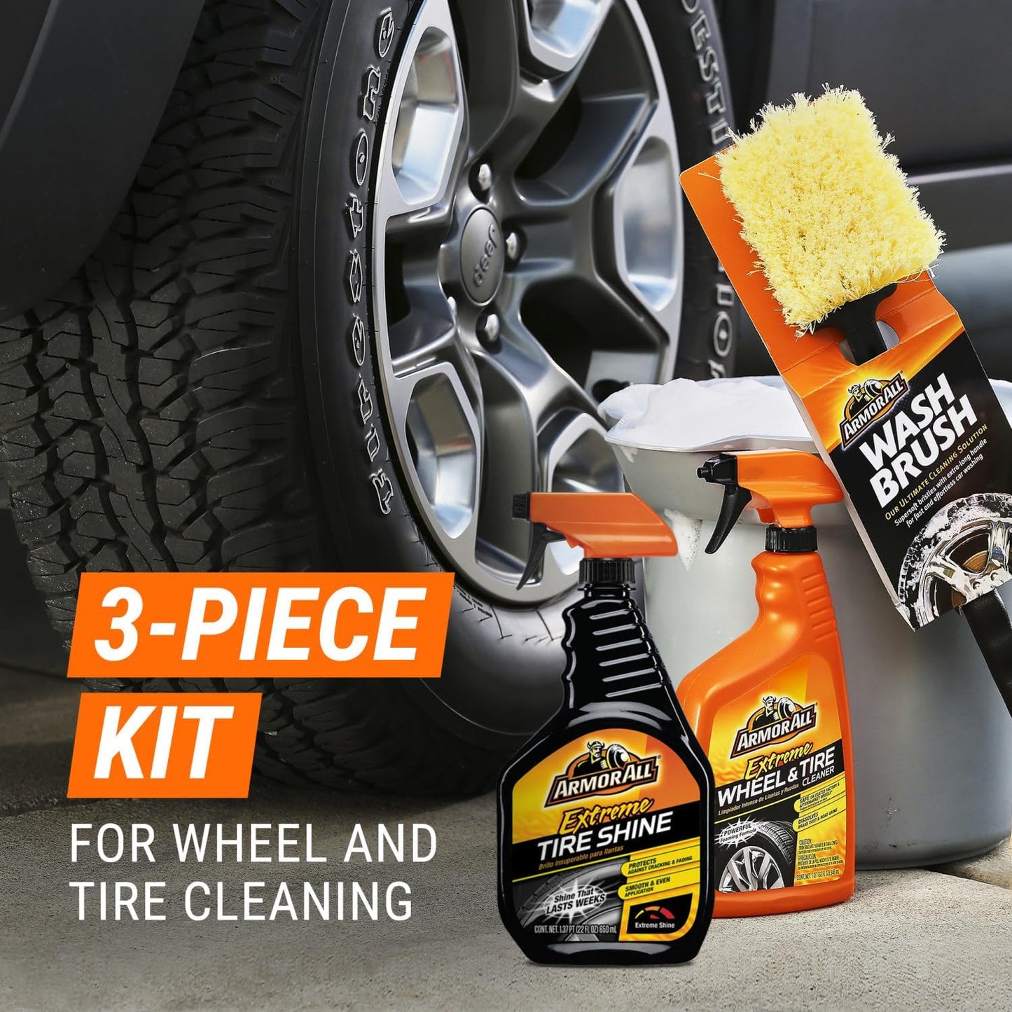 Armor All Wheel Cleaner & Tire Shine Kit with Wash Brush, 3 Count