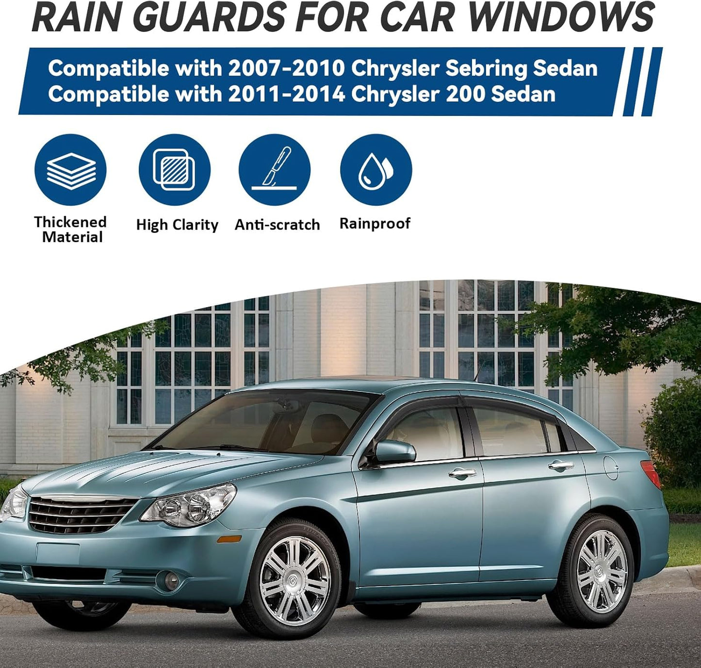 4pcs Front+Rear Smoke Tint Sun/Rain Guard Outside Mount Tape-On Vent Window Visors Compatible with 07-10 Sebring 11-14 200 Sedan