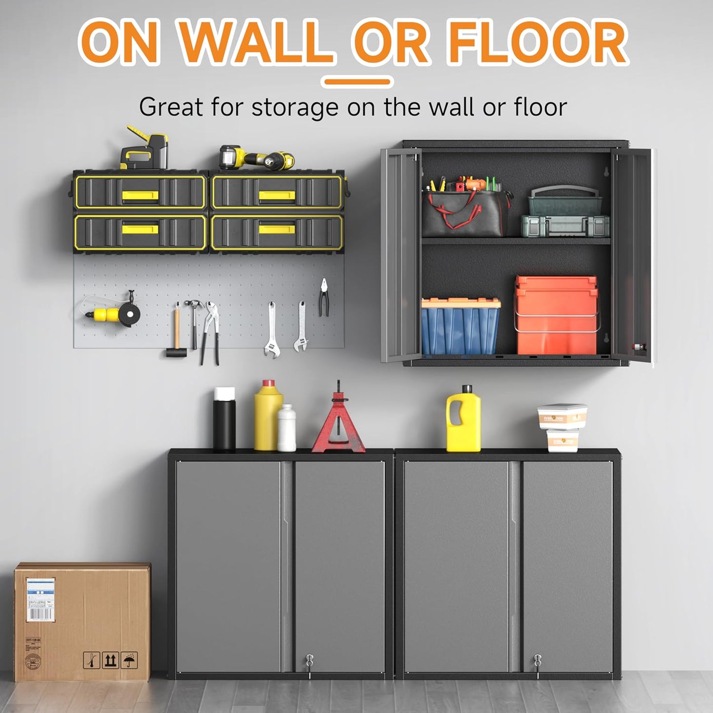 Metal Garage Wall Cabinet with 2 Doors and 1 Adjustable Shelf,Lockable Floating Tool Cabinet with Pegboard,Steel Storage Cabinet for Kitchen,Office,Garage,Laundry,Warehouse(Black&Gray, 26"H)