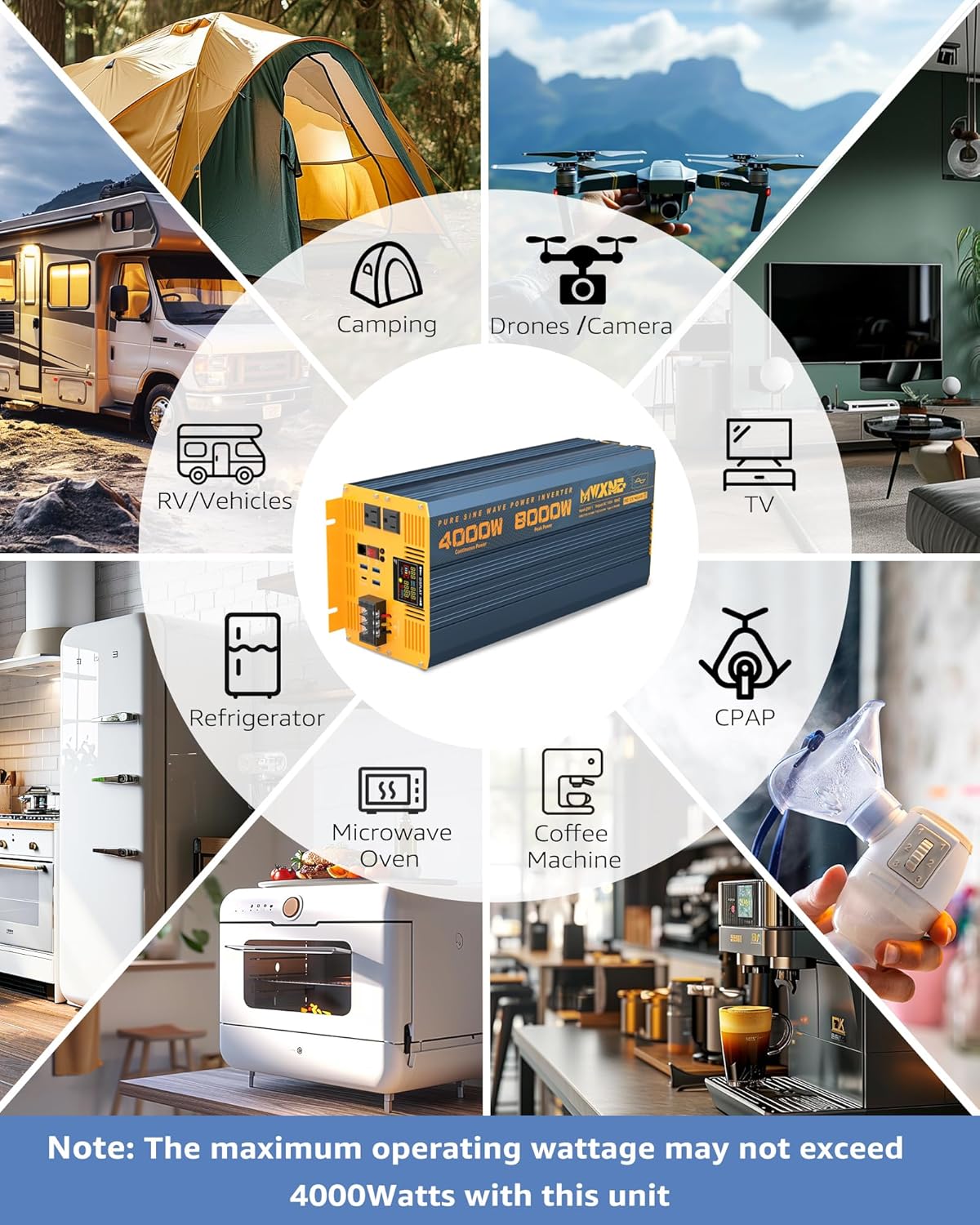 4000W Pure Sine Wave Power Inverter DC 24V to AC 110V 120V for Home RV with Dual AC Outlets 1 USB-C(60W) 3 USB-QC3.0 Fast Car Charger Adapter, LCD Display and Remote Control