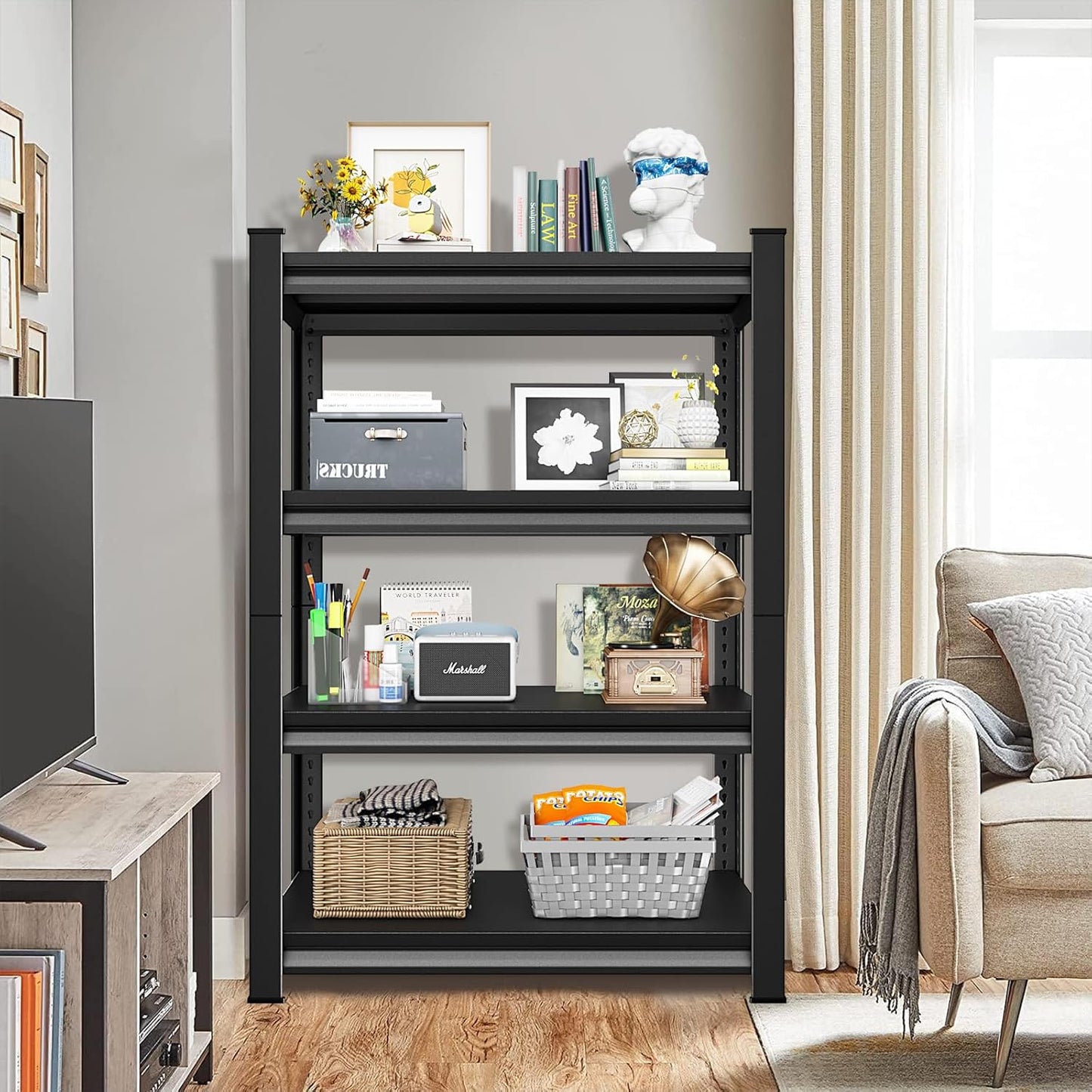 1400LBS Garage Storage Shelves Heavy Duty, 35" W x 16" D x 66" H,4-Tier Garage Shelving Heavy Duty, Industrial Metal Shelving Units for Basement,Fish Tank,Black