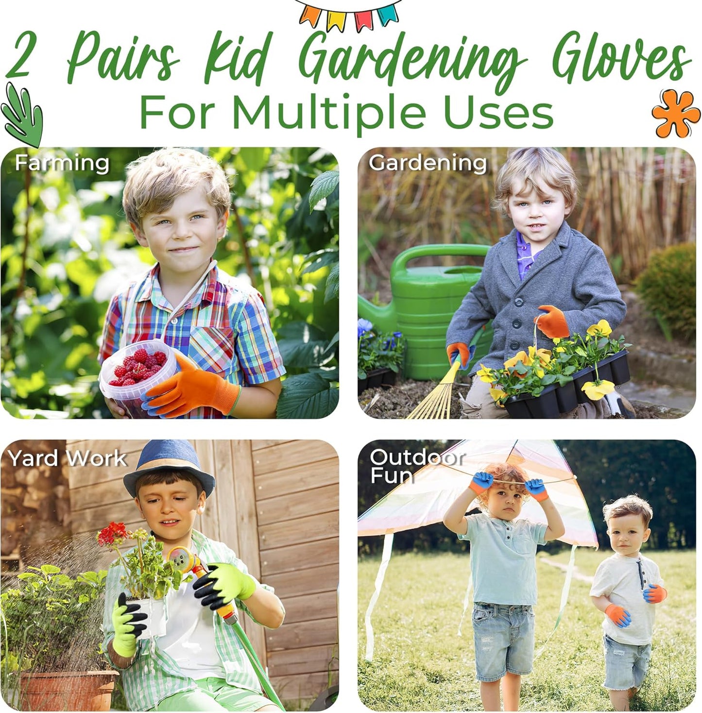 HANDLANDY 2 Pairs Kids Gardening Gripper Gloves, Foam Rubber Coated Children Toddler Garden Yard Work Outdoor Playing Gloves for Girls Boys (Size M)