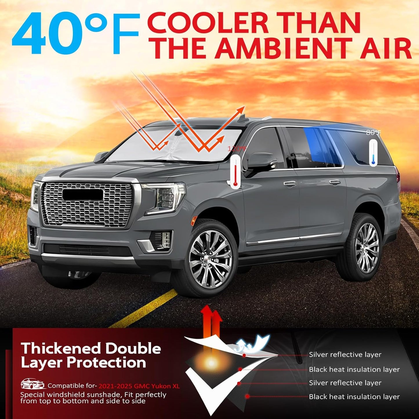 KAYZT Windshield Sun Shade for 2021-2025 GMC Yukon XL Foldable Sunshade Front Window Custom Fit Car Accessories