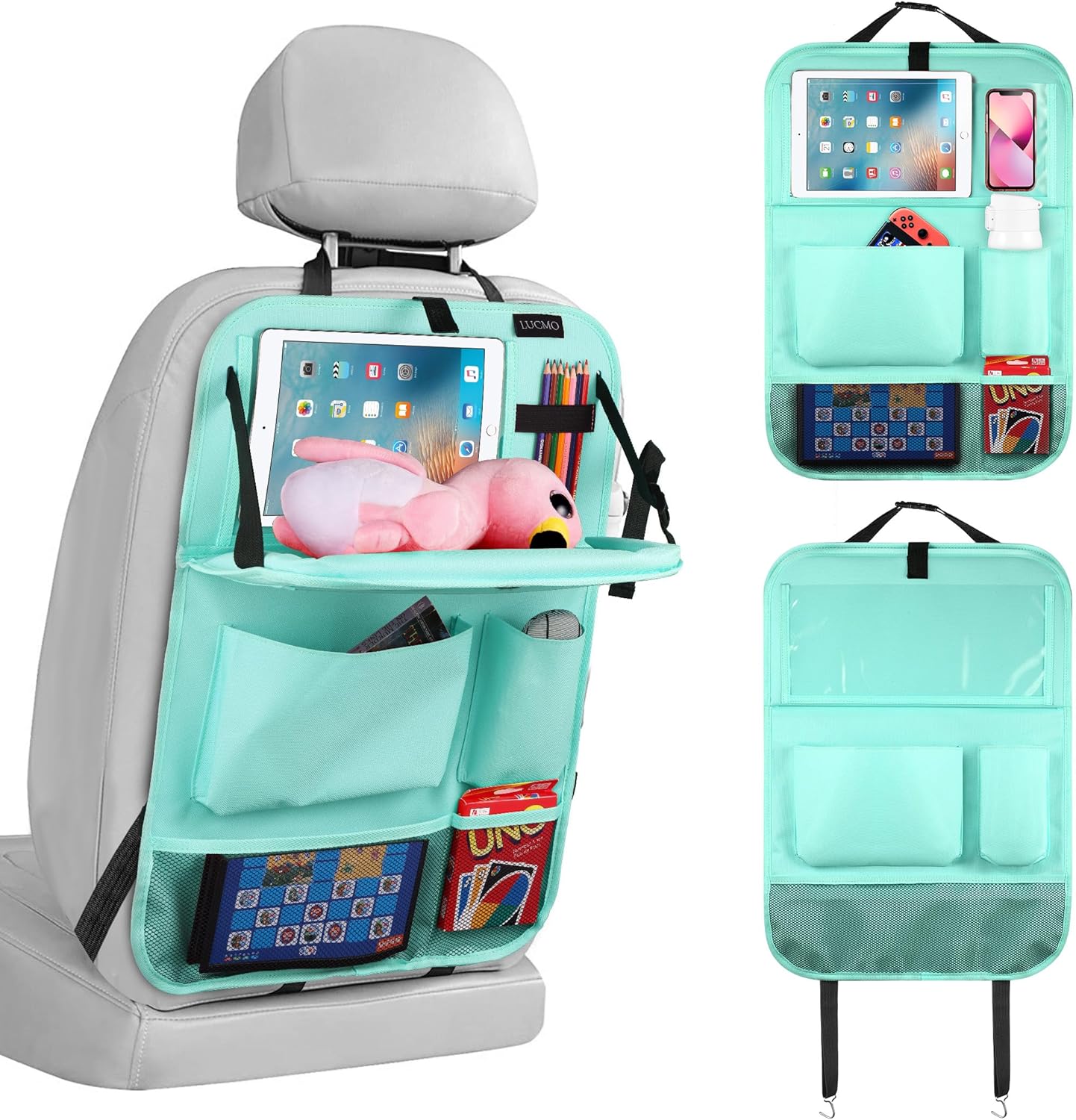 LUCMO Car Backseat Organizer with Tablet Holder,6 Storage Pockets Car Storage Organizer with Foldable Food Tray,Seat Protectors Kick Mats Travel Accessories-Light Blue
