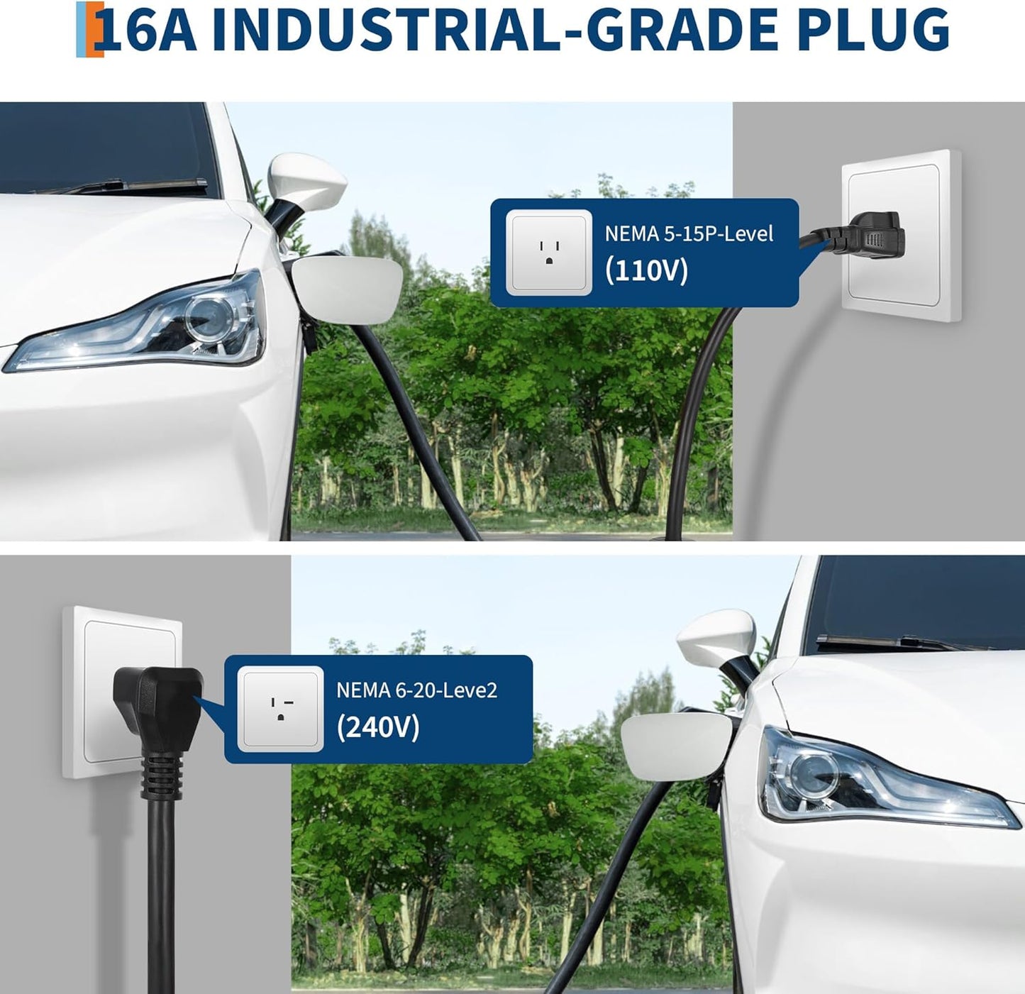 Level 1&2 EV Charger, 16A 110-240V Dual Voltage, NEMA 6-20 & 5-15 Plug, 25ft Cable, Adjustable Current/Delay Timer, SAE J1772 Listed Portable Electric Car Charger for Indoor/Outdoor Use