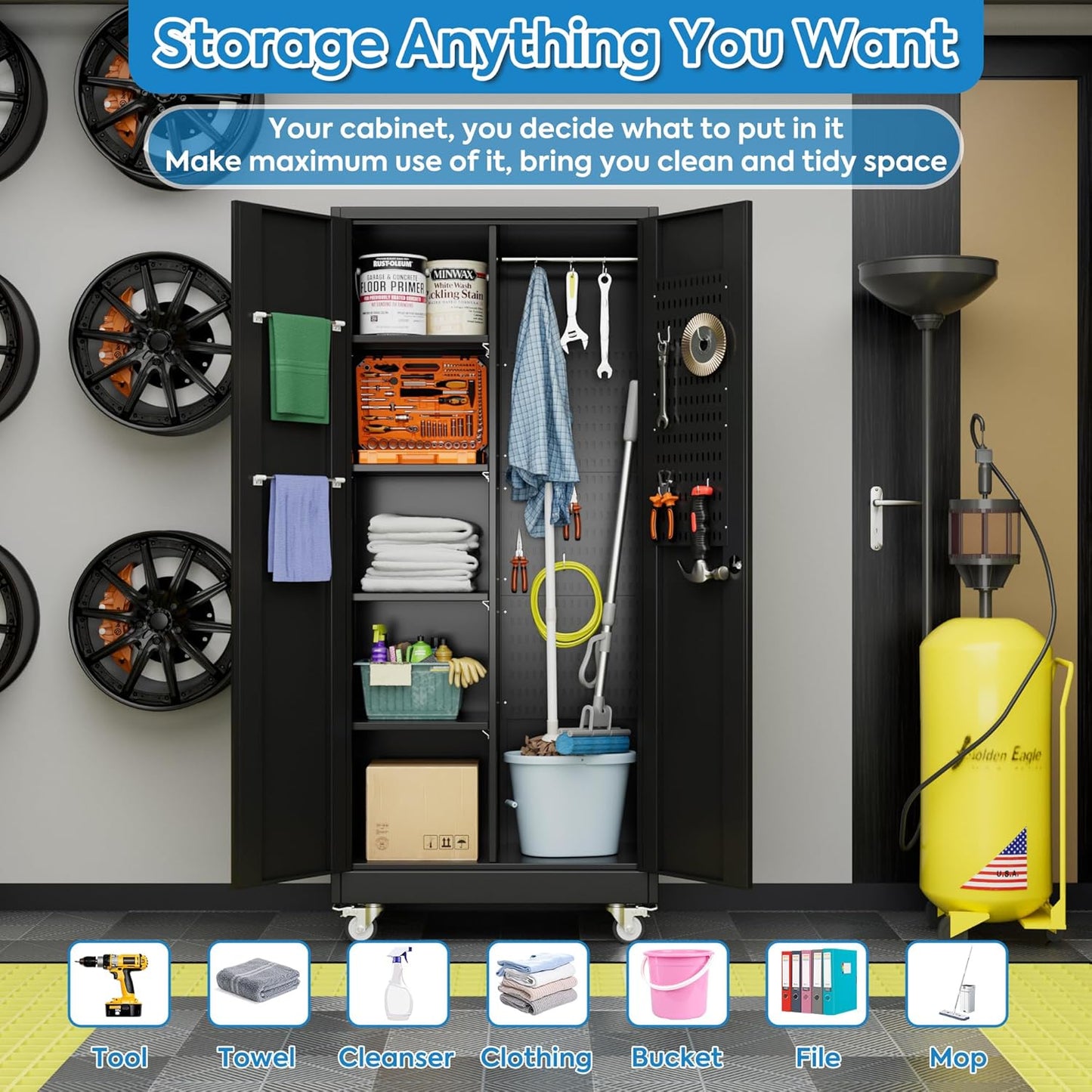 Garage Storage Cabinet with Wheels and 5 Pegboard, 71" H Metal Storage Cabinets with 2 Locking Doors and 4 Shelves, Broom Closet Storage Cabinet with Hanging Rod and 13 Hooks, Black