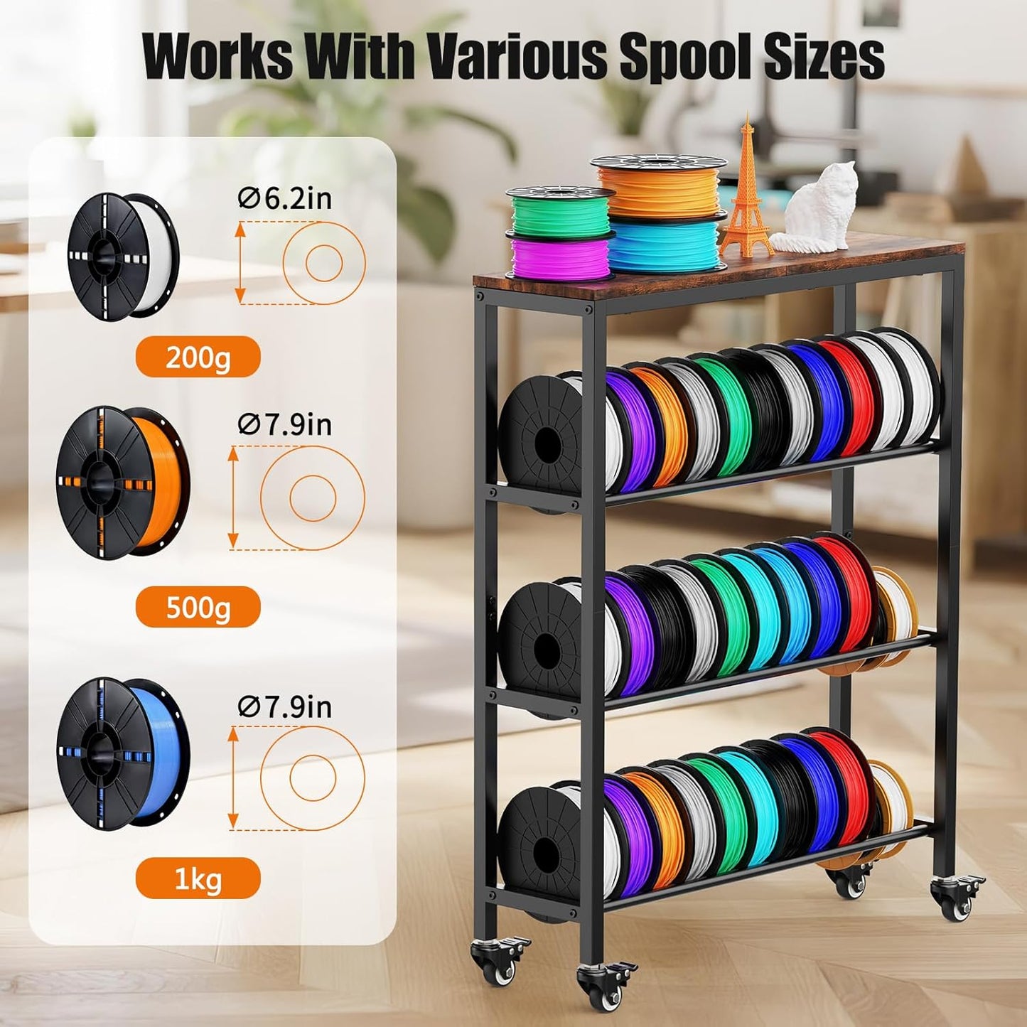 3D Printer Filament Rack Shelf, 4-Tier Filament Storage Cart with Storage Board, Metal Racks for Storage PLA/TPU/ASA/Nylon Filament, 3D Printer Accessories for Workshop Garage 3D Office Storage