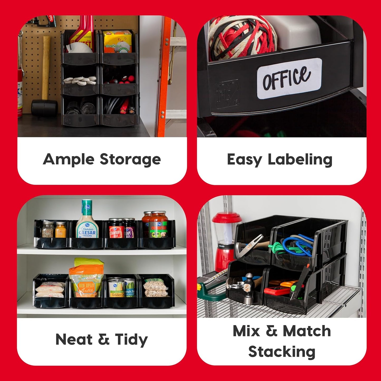 IRIS USA Stackable Storage Bins Open Front, 6 Pack, Plastic Hanging Organizer Caddy Basket for Hardware Crafts, Small Parts, Nuts and Bolts, Garage Tool Storage, Extra Large, Black