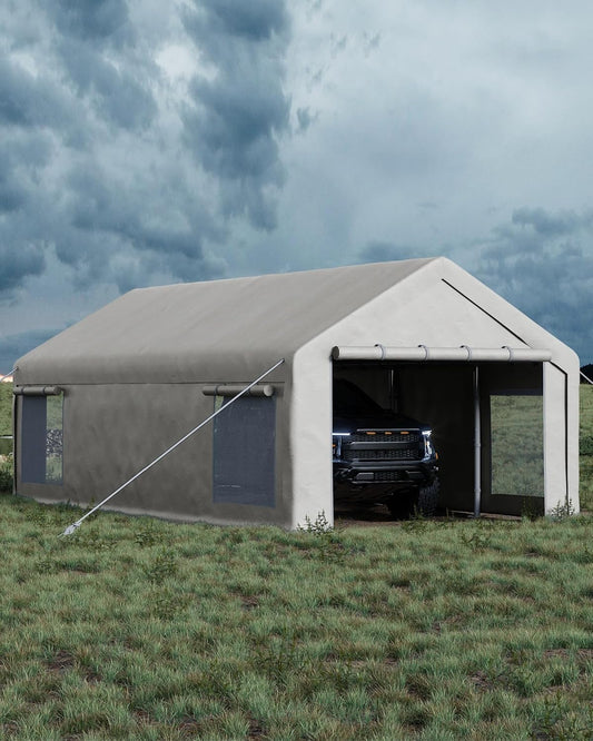 13x25 Ft Carport with 10 Sandbags, Car Port with 220g PE Tarp, 2 Roll-Up Doors, and 4 Windows, for Full-Size Pickups, Bass Boats, Tractors, and SUVs, White