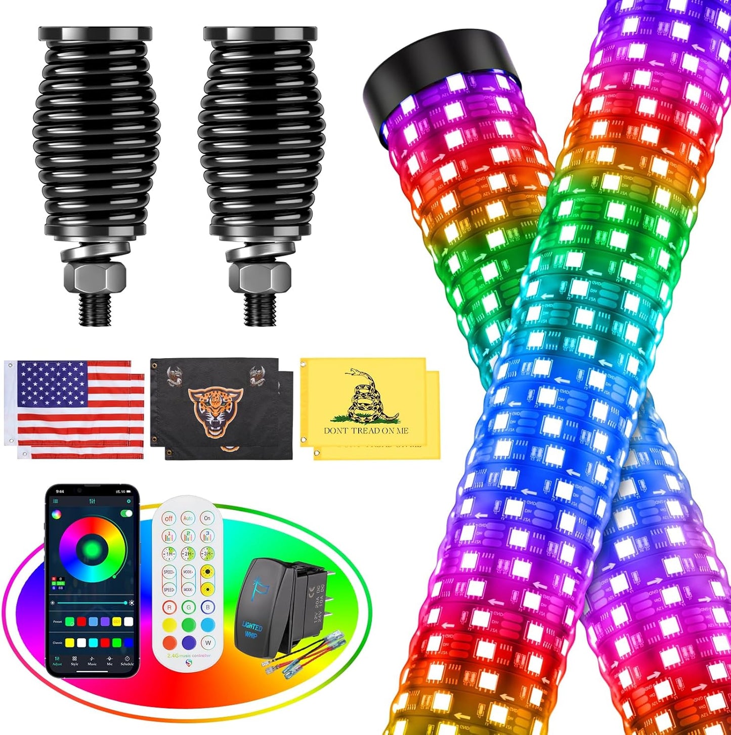 2PCS 1FT Fat Whip Lights for UTV ATV with Spring Base, Led Fatty Whip Light W/Rocker Switch & 6 Flags, Brighter Spiral Chasing Lighted Antenna Whip with APP & Remote Control for RZR SXS Can-Am