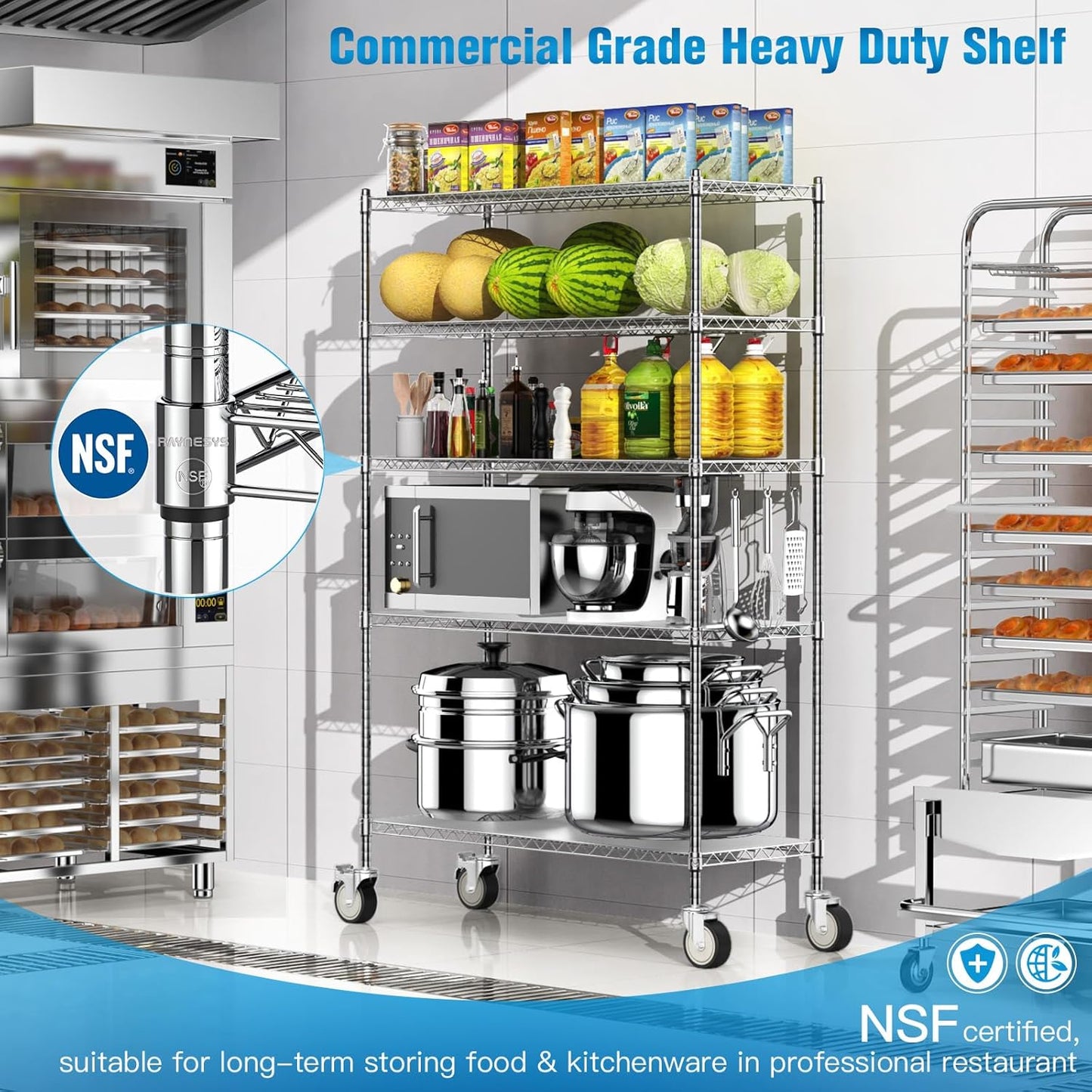 Wire Shelving with Wheels, 48x18x72 Inch, 3000 Lbs Storage Shelves Heavy Duty, Commercial-Grade Adjustable Utility Shelf, NSF-Certified Metal Storage Rack with Shelf Liners, 5-Tier, Chrome