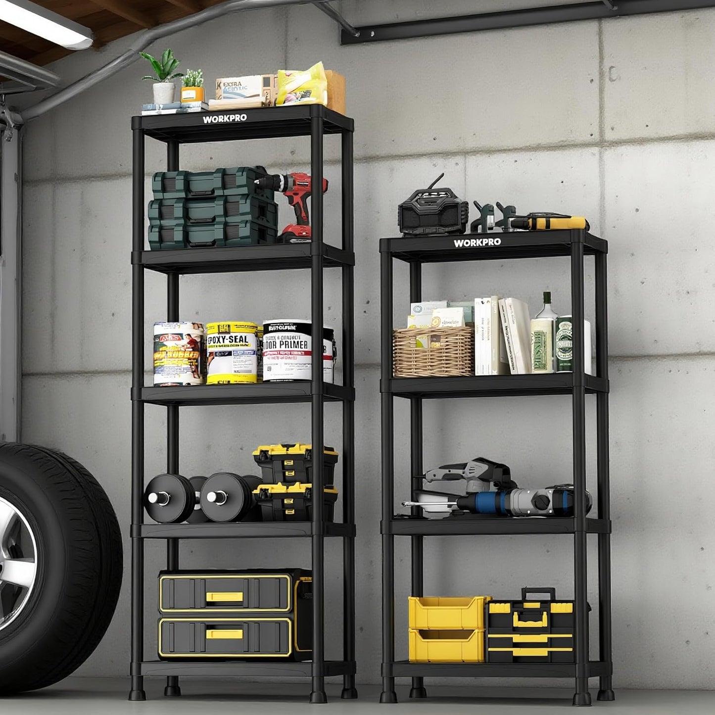 WORKPRO 5-Tier Plastic Storage Shelves, 500lb Capacity Shelving Unit, 67.1" H x 23.9" W x 12" D, Storage Rack for Garage, Home, Pantry, Office, Laundry, Tool-Free Assembly, Black