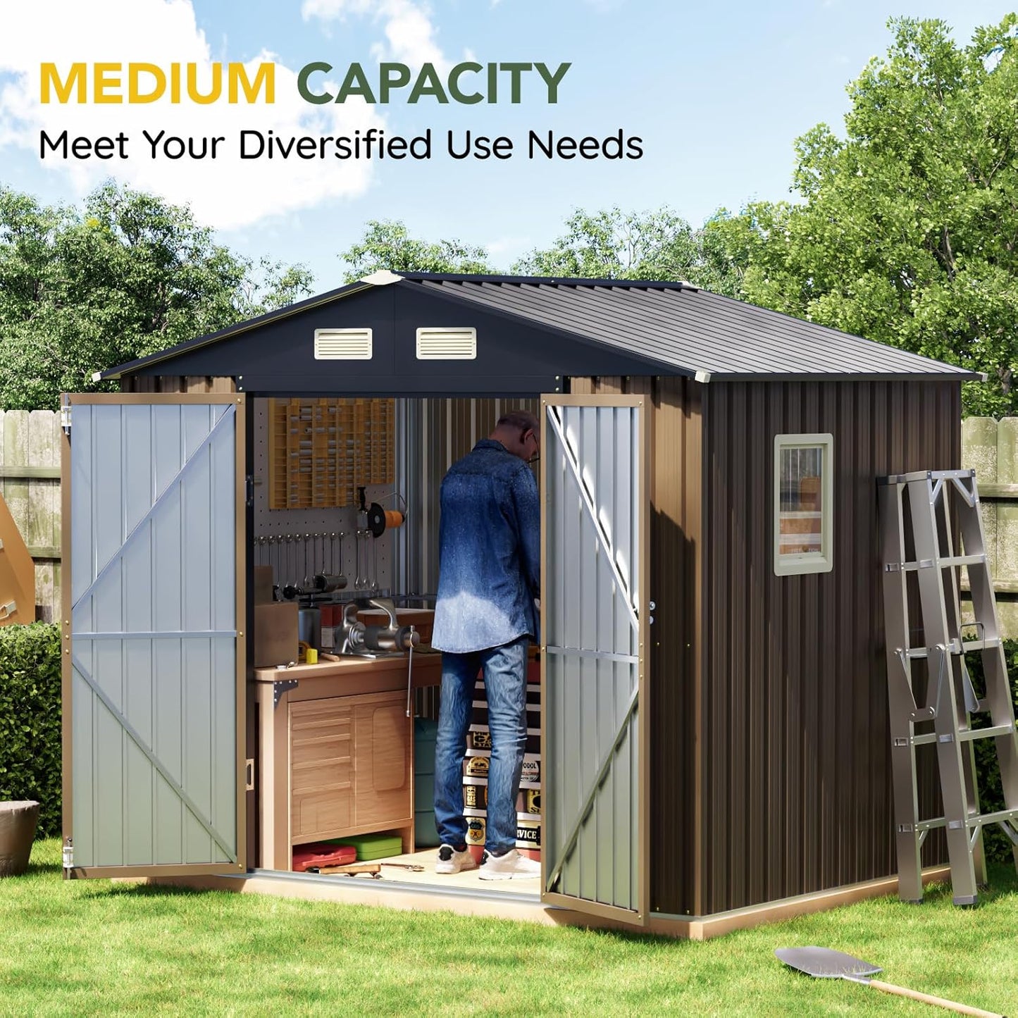 Breezz 8X6FT Outdoor Steel Storage Shed with Frame Floor,Clear Window, Lockable Doors, Weather-Resistant Metal Tool Shed for Garden, Backyard, Patio, and Utility Storage Brown