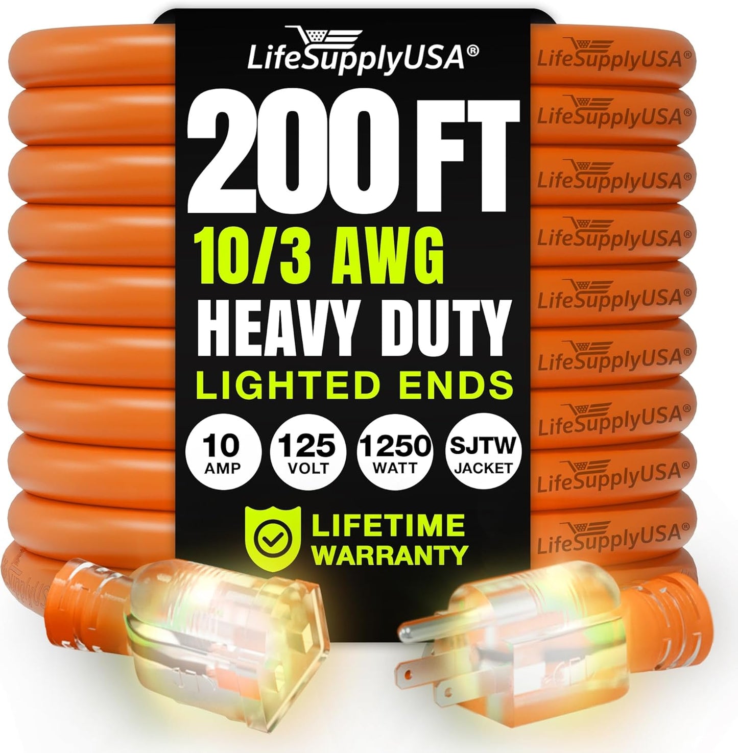 200ft Outdoor/Indoor Extension Cord 10/3 Gauge Ultra Heavy Duty 3 Prong SJTW, Waterproof, Flexible Cold-Resistant Long Power Cord,10A 125V 1250W, Orange by LifeSupplyUSA