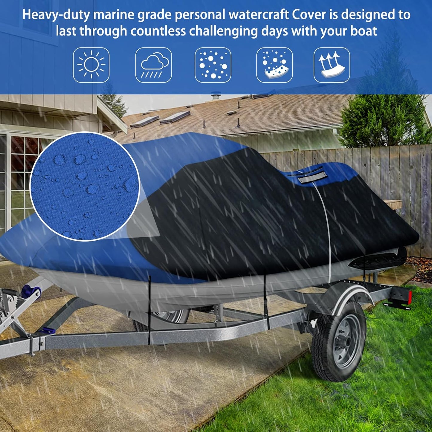 iCOVER Jet Ski Cover- Water Proof Heavy Duty Trailerable Personal Watercraft Covers for Seadoo Kawasaki Yamaha Wave Runner, Fits PWC Models Up to 135in Long