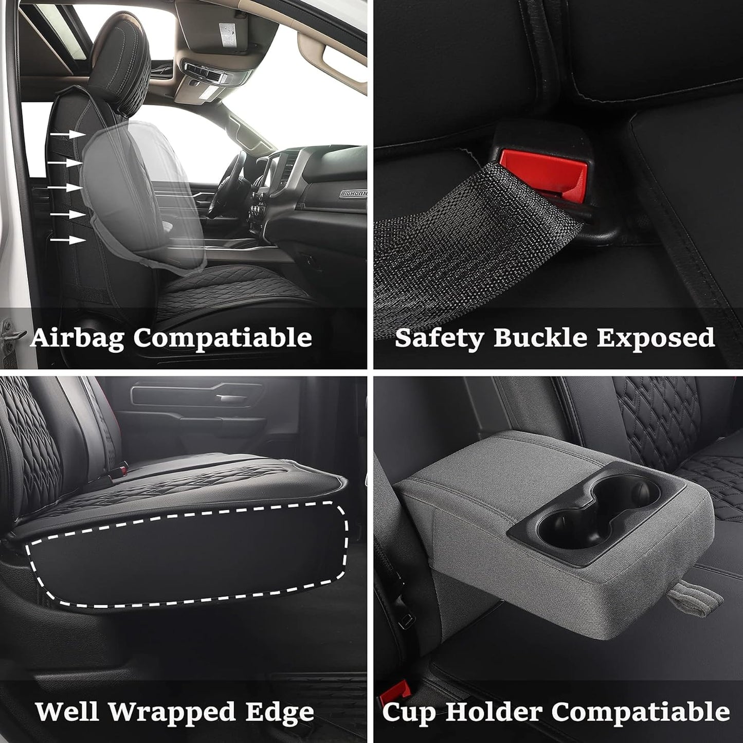 JOJOBAY Car Seat Covers for Dodge Ram Full Set,Fit Ram 2009-2023 1500/2500/3500 Pick-up Truck,Crew,Regular,Quad,Mega Cab,Waterproof Leather Seat Covers Protectors（5 PCS Full Set,Black）