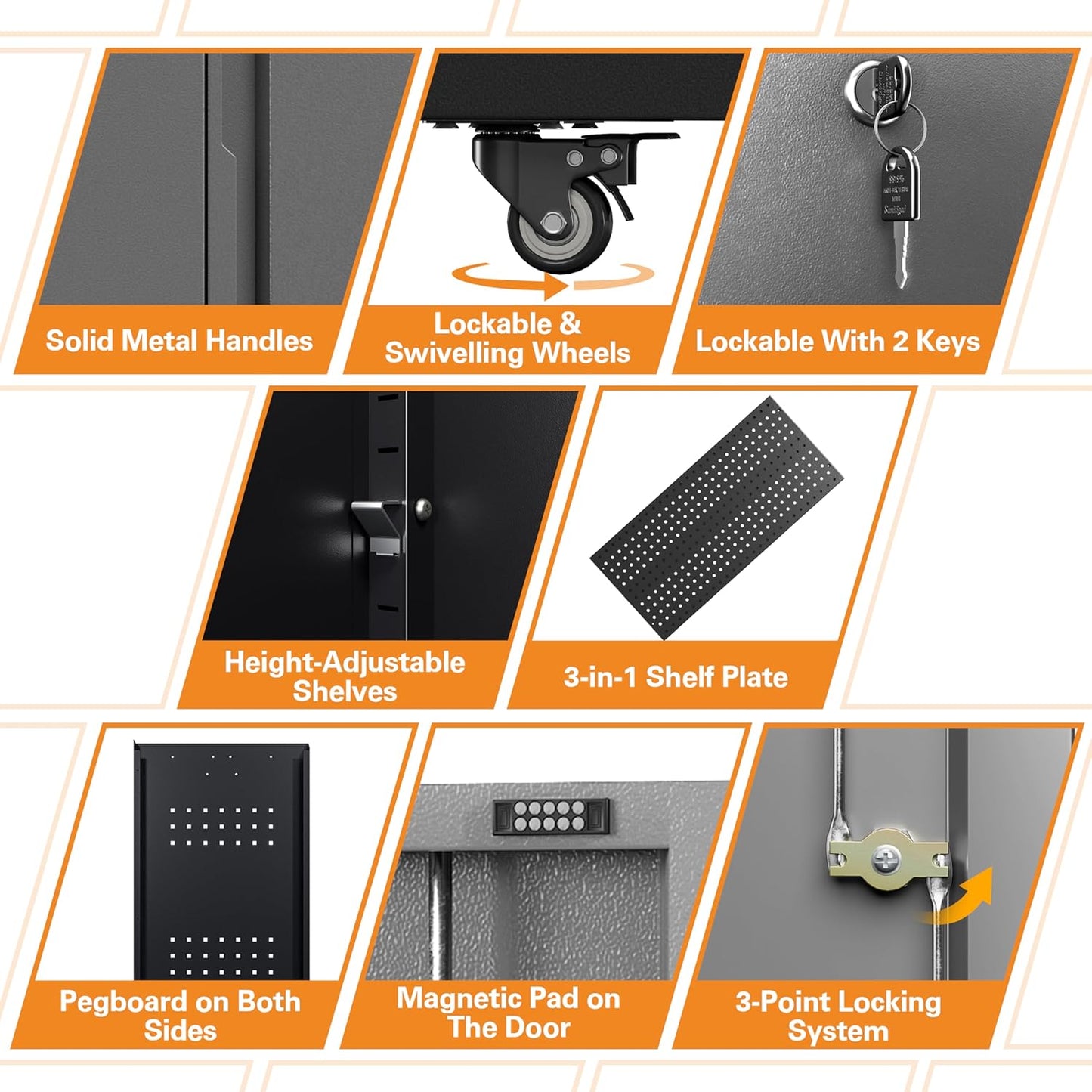 71" H Metal Tool Storage Cabinet with Lock and Wheels, Heavy Duty Garage Cabinet with 4 Doors and 2 Adjustable Shelves, Tool Organizer with Pegboard for Garage, Warehouse (Black&Gray, 71" H)