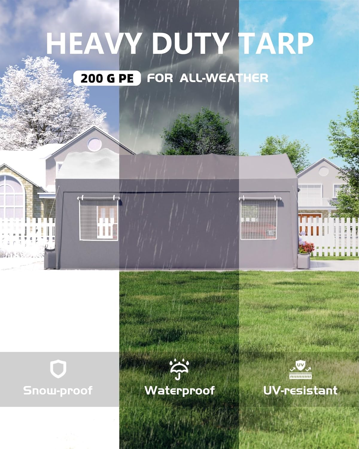 12x20 FT Carport, Heavy-Duty Portable Garage with 200G Canopy Top and 200G Sidewalls, with Sandbags and Ground Stakes for Outdoor Shelter, for for All Kinds of Vehicles, Grey