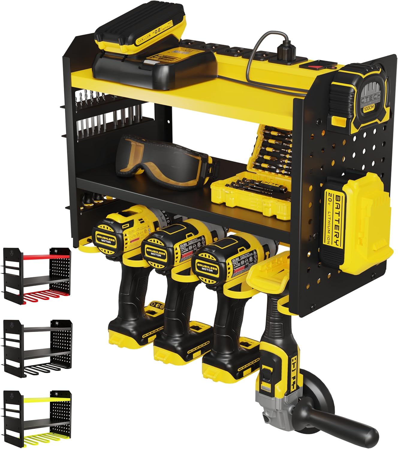 Power Tool Organizer Wall Mount - 3-Tier Heavy-Duty Metal Hand Tool Storage Rack, Utility Racks, Drill Holder, PegBoard Side, & More - Garage Storage Cordless Tool Organizer (Yellow)