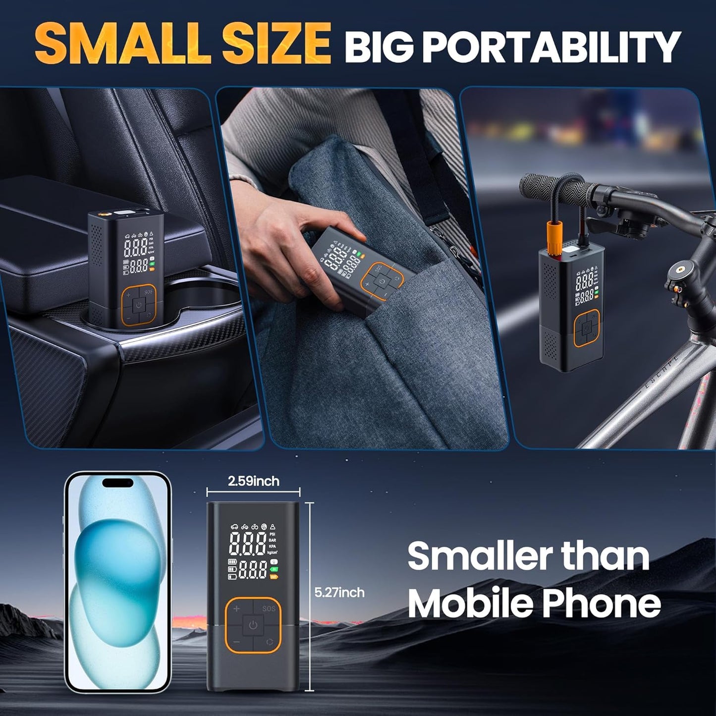 Tire Inflator Portable Air Compressor-150PSI Bike Pump, Portable Tire Inflator Cordless with Tire Pressure Gauge LED Lights, Air Pump for Car Tires, Bike, Motorcycle, Ball (Orange)