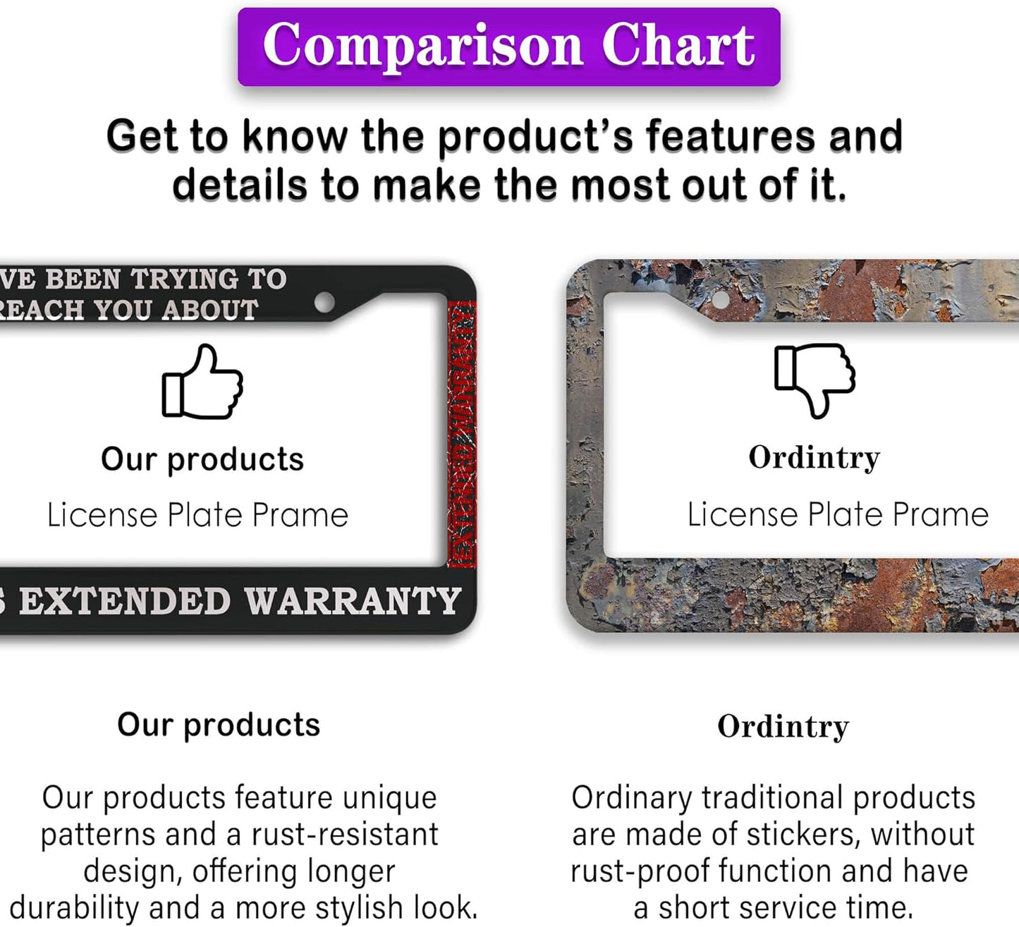 License Plate Frames Black and White License Plate Cover Car’s Extended Warranty Humorous Text Aluminum Metal Car Accessory 2 Pack with Screw Covers Set