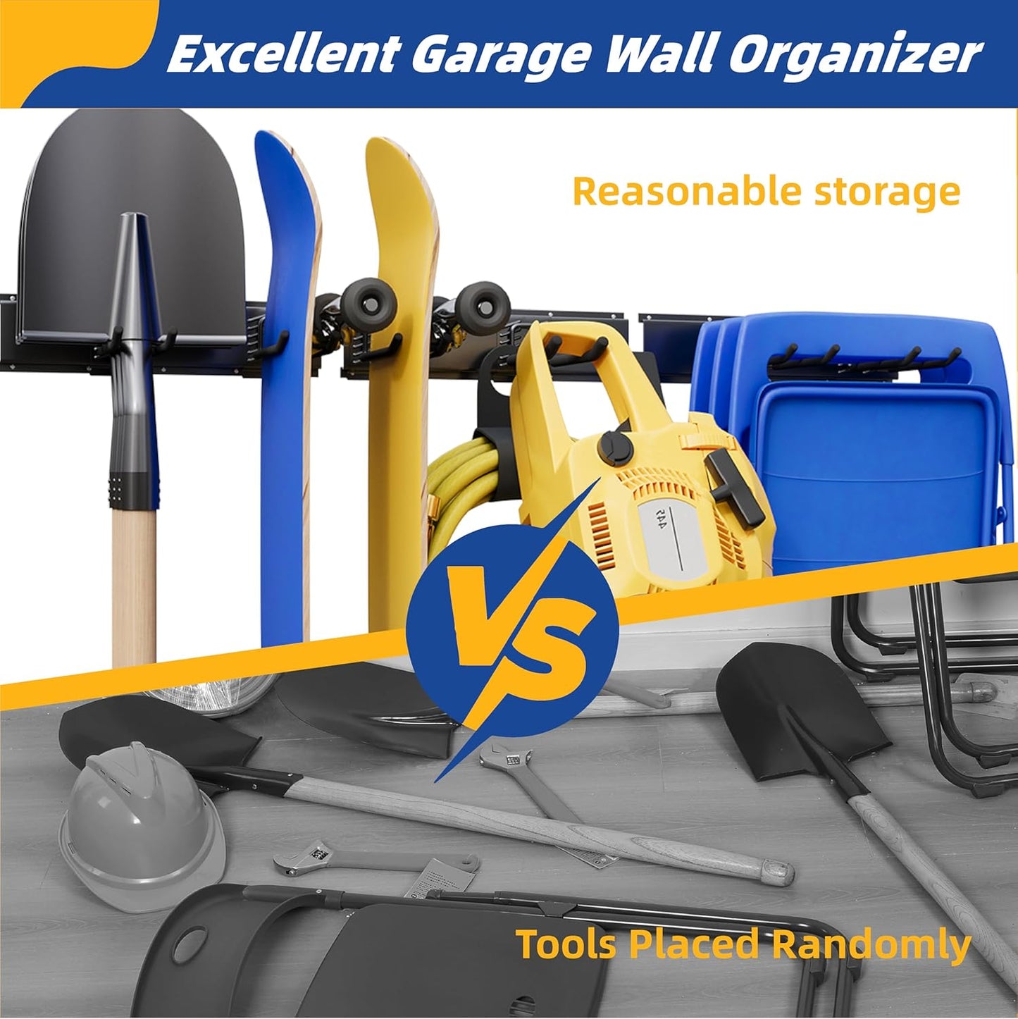 Garage Tool Organizer Wall Mount, 48" Garage Wall Organizer, Heavy Duty Garden Tool Organizers with Adjustable Hooks, 400 lbs Garages Organization, Anti-Rust Garden Tool Storage Rack for Yard and Shed