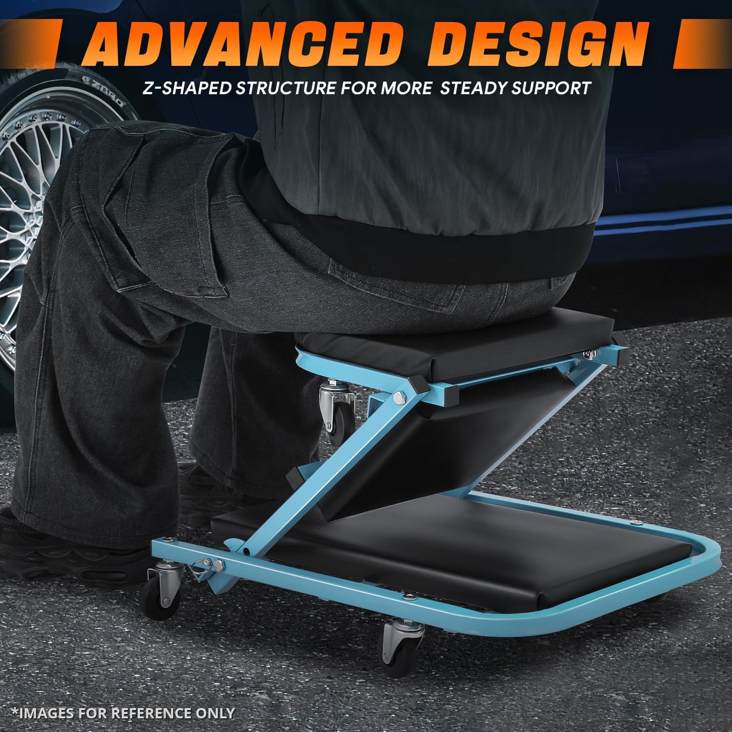 DNA MOTORING 40 Inches Folding 2 in 1 Rolling Z Creeper, Adjustable Roller Garage Chair Lay Down or Sit, 6 Pcs 2" Casters, 150kg Weight Capacity, Tiffany Blue, TOOLS-00187-TB
