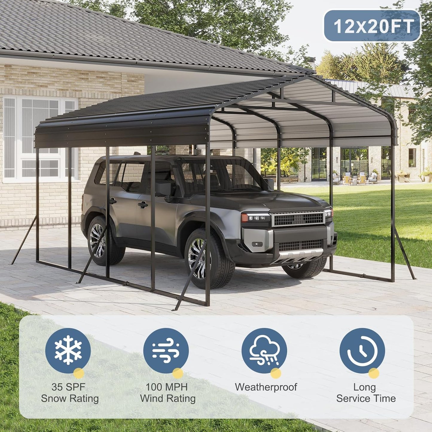 12x20 FT Metal Carport, Garage with Updated Frame Structure, Galvanized Steel Roof and Enhanced Base Canopy, Metal Garage Car Shelter Shade for Car, Boats and Truck