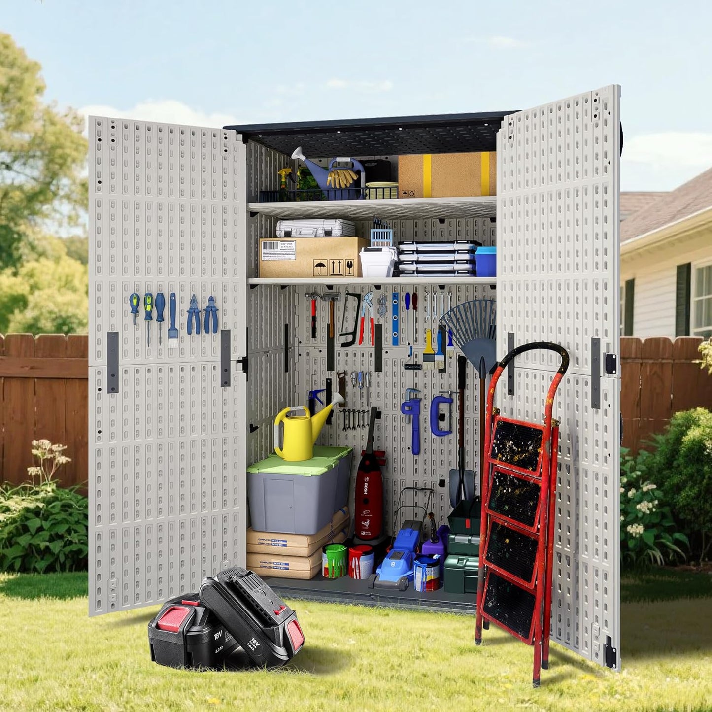 Greesum Outdoor Storage Shed Without Divider, 45 cu.ft Outdoor Waterproof Storage Cabinet for Garden Tools, Pool Storage, Garbage Cans, Beige