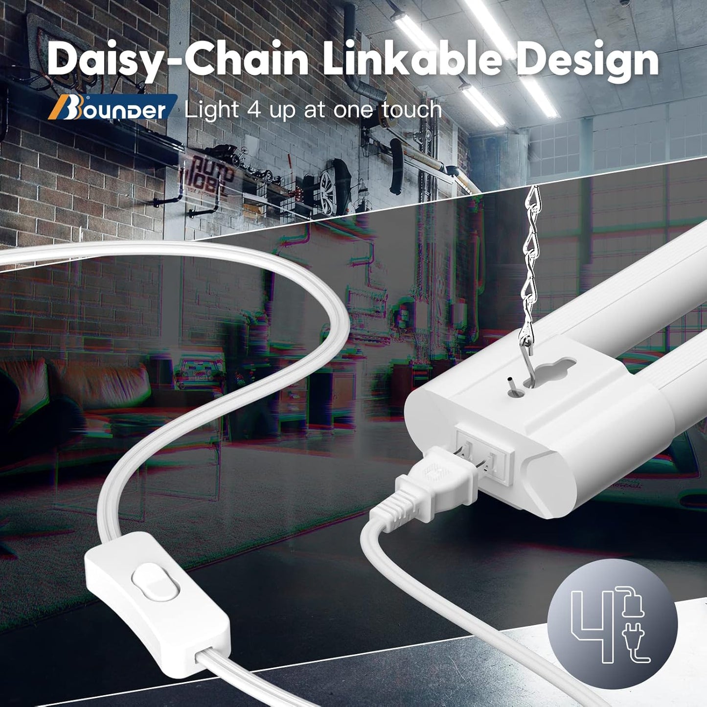 BBOUNDER 10 Pack Linkable LED Utility Shop Light, 4400 LM, Super Bright 6500K Cool Daylight, 4 FT Integrated Fixture for Garage, 40W Equivalent 250W, Surface + Suspension Mount, White