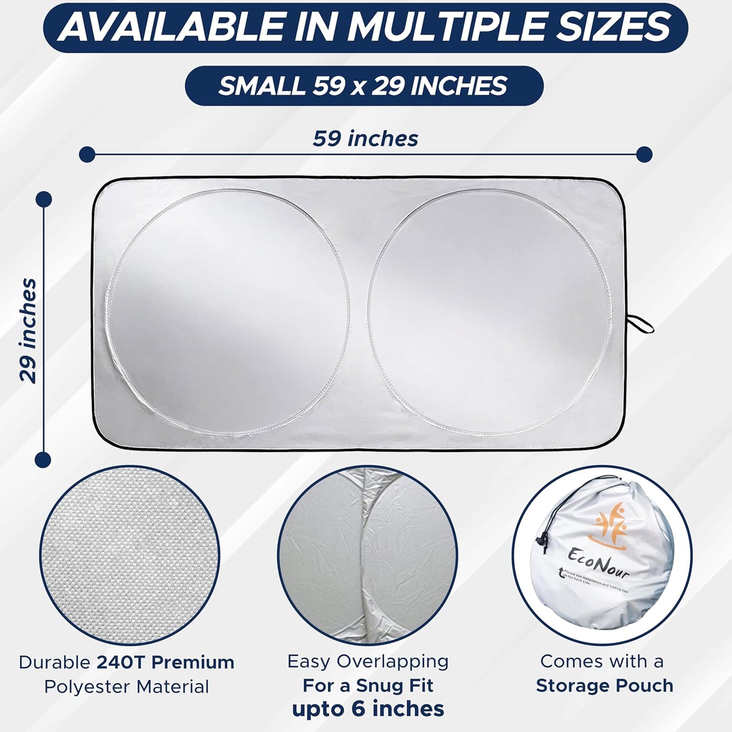 EcoNour Car Windshield Sun Shade | 2025 Upgraded Innovative No-Light-Pass Technology for Maximum Coverage | Foldable Sun Shade Keeps Your Vehicle Cool | Must-Have Car Accessories | Small (59" x 29")