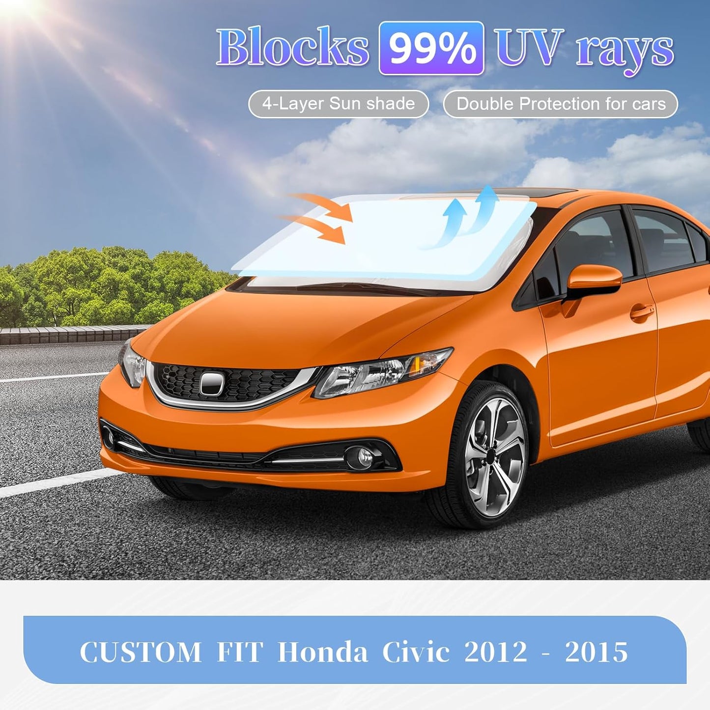 for Honda Civic 2012-2015 Sun Shade Sunshade Windshield Cover, 4-Layer Front Window Shade Custom Fit Civic Sun Visor 240T Retractable Shade Blocks UV Rays Cooler Car Accessories