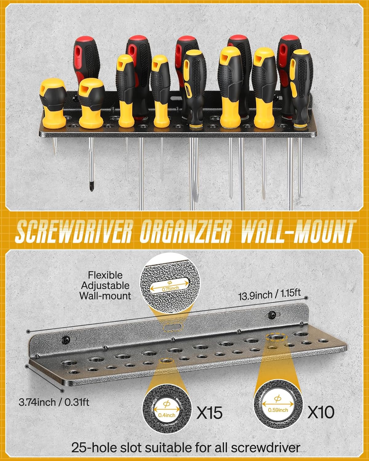 Wall Mount Screwdriver Organizer, Pliers Holder, Hammer Rack, 3PCS Alloy Steel Hand Tool Storage Organizer for Garage Workshop