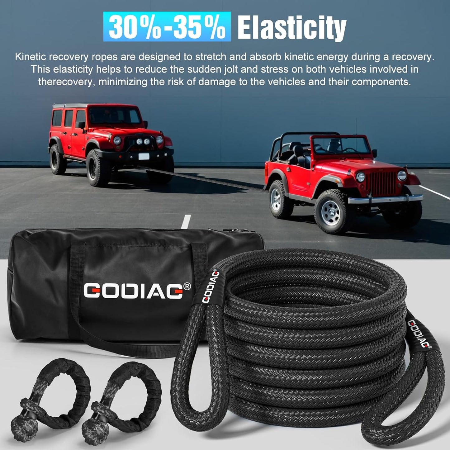 GODIAG 1"×30ft Kinetic Recovery Tow Rope (46500lbs) Heavy Duty Energy Rope with 2 Soft Shackles, 30% Elasticity Offroad Power Strap for Truck Jeep Car ATV UTV Tractor