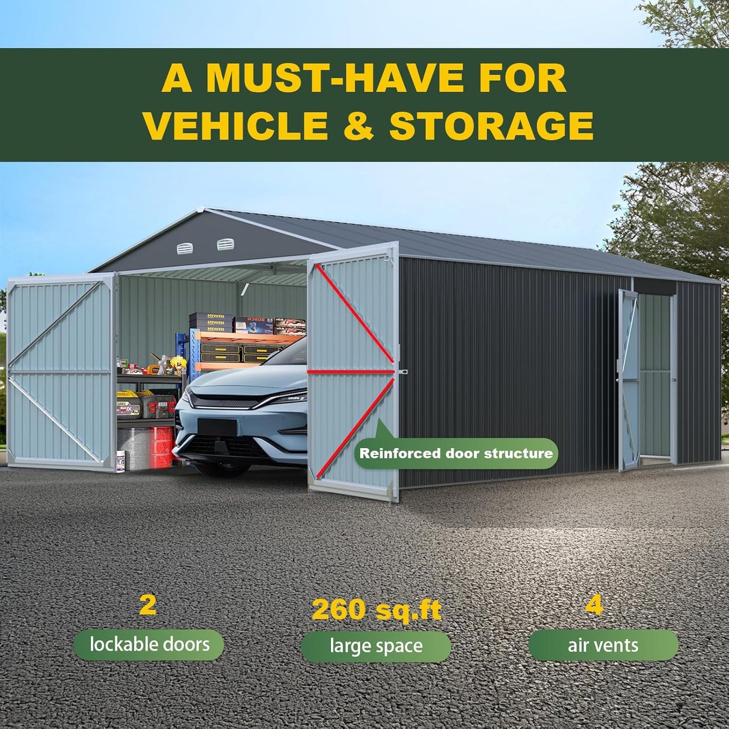 Outdoor Storage Shed 20x13 FT, Sheds & Outdoor Storage Clearance - Metal Garage Shed for Car, Truck, Bike, Garbage Can, Tool, Lawnmower - Backyard Tool House Building with 2 Doors and 4 Vents