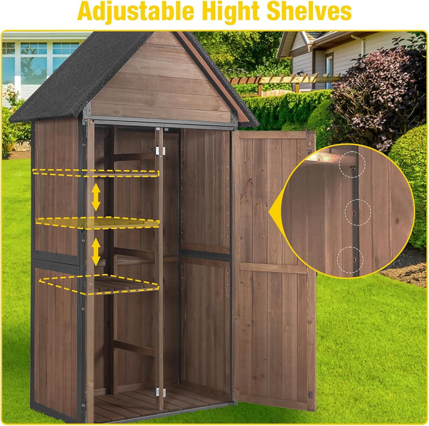 Outdoor Storage Shed,Vertical Wooden Tool Shed with Waterproof Roof,Adjustable 3 Tiers Shelves,Storage Tool Cabinet Box with Metal Frame Sloped Roof for Backyard Garden Patio Lawn (Dark Brown)