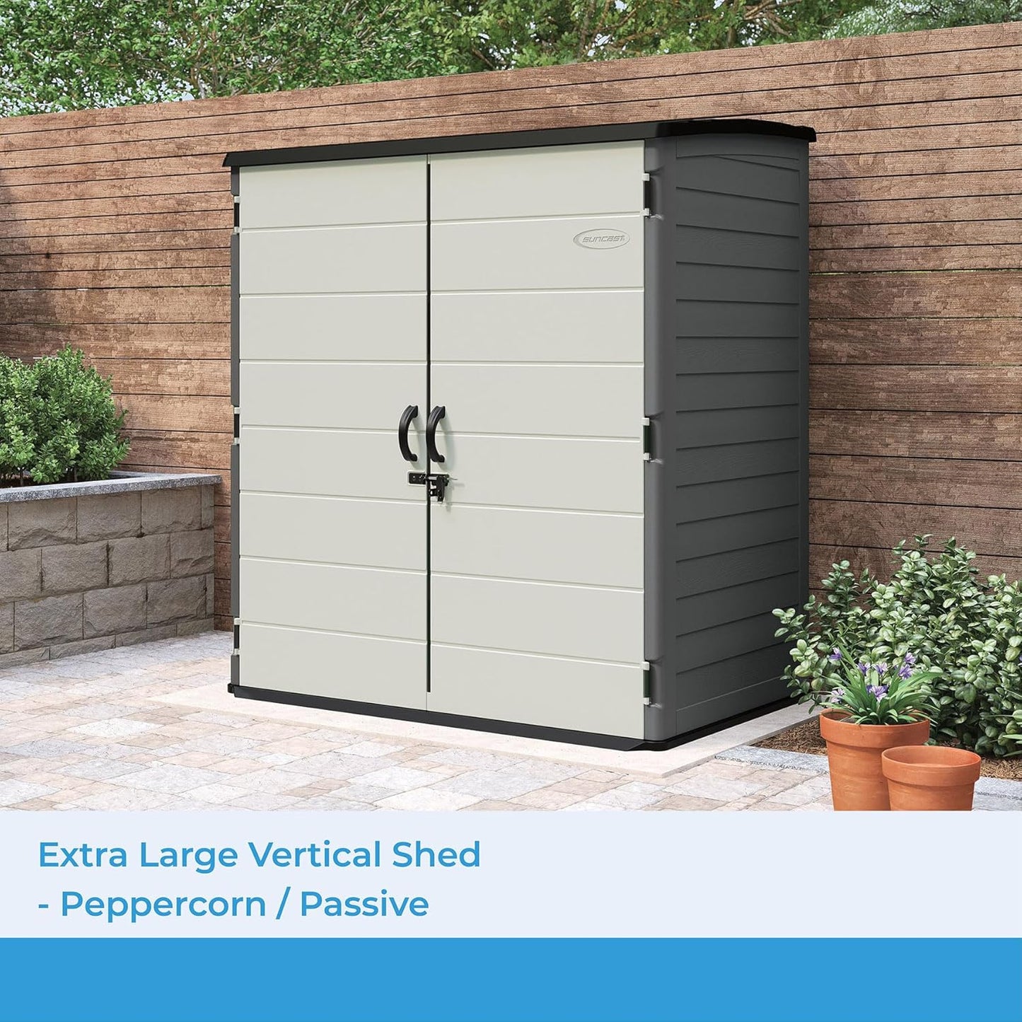 Suncast Extra-Large Vertical Storage Shed for Yard Storage, All-Weather Outdoor Storage Shed with 2 Lockable Doors, 70.5" W x 44.25" D x 77.5" H, Peppercorn, Made in The USA