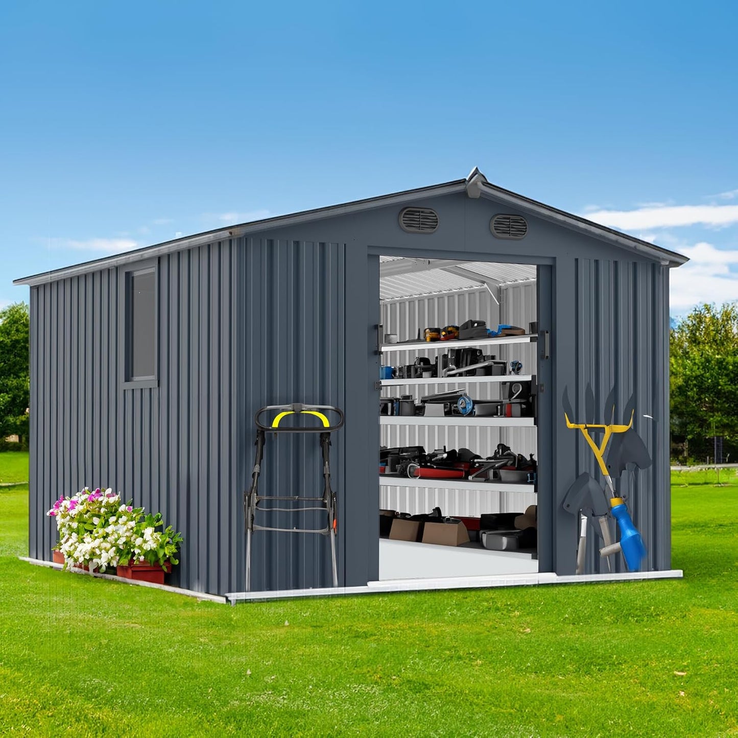 Outdoor Storage Shed 8x10 FT with Window - Metal Sheds & Outdoor Storage for Motorcycle, Bike, Garden Tool, Lawnmower - Backyard Tool Building with 1 Sliding Door, 4 Vents (Without Floor)