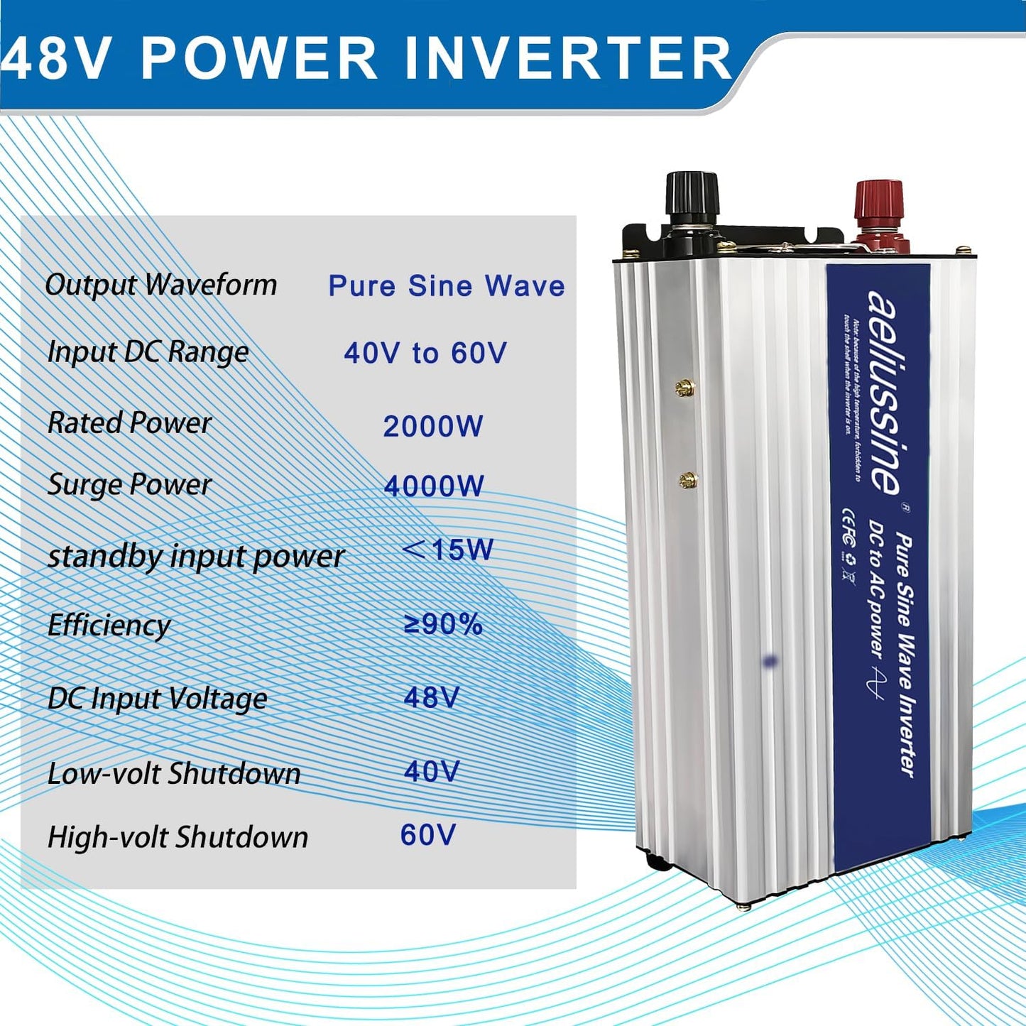 2000W Pure Sine Wave Inverter-48V DC to 110V 120V AC Power Converter with 4 AC Outlets, 48 Volt Power Inverter for Truck, Rv, Camping, Home, Emergency Power