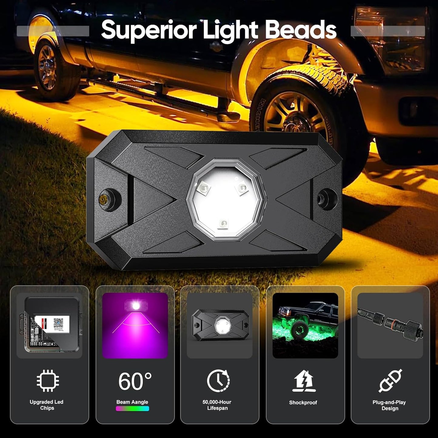 YiLaie RGB LED Rock Lights Kit 4 Pods, Upgraded Underglow Multicolor LED Light Pod with APP/RF Remote Control, Flashing Music Mode, Waterproof Multicolor Rock Lights for Trucks ATV UTV RZR SUV