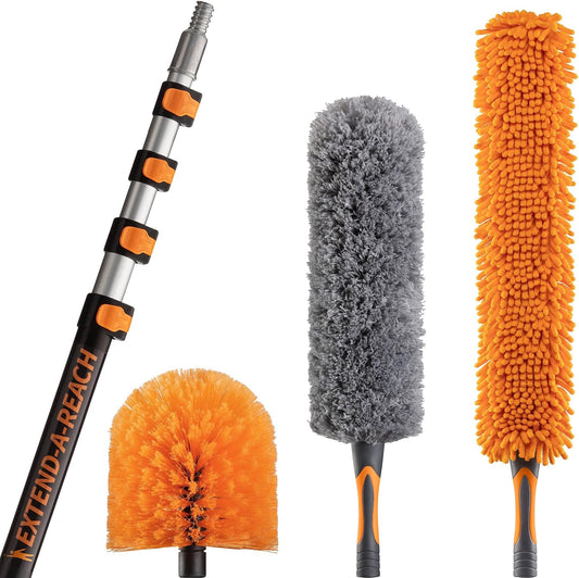 24 Feet High Reach Ceiling Dusters Set with 5-18 ft Extension Pole for Cleaning // Extendable Telescoping Long Reach Cobweb & Feather Dusters for High Ceiling // Extendable Ceiling Fan Blade Cleaner