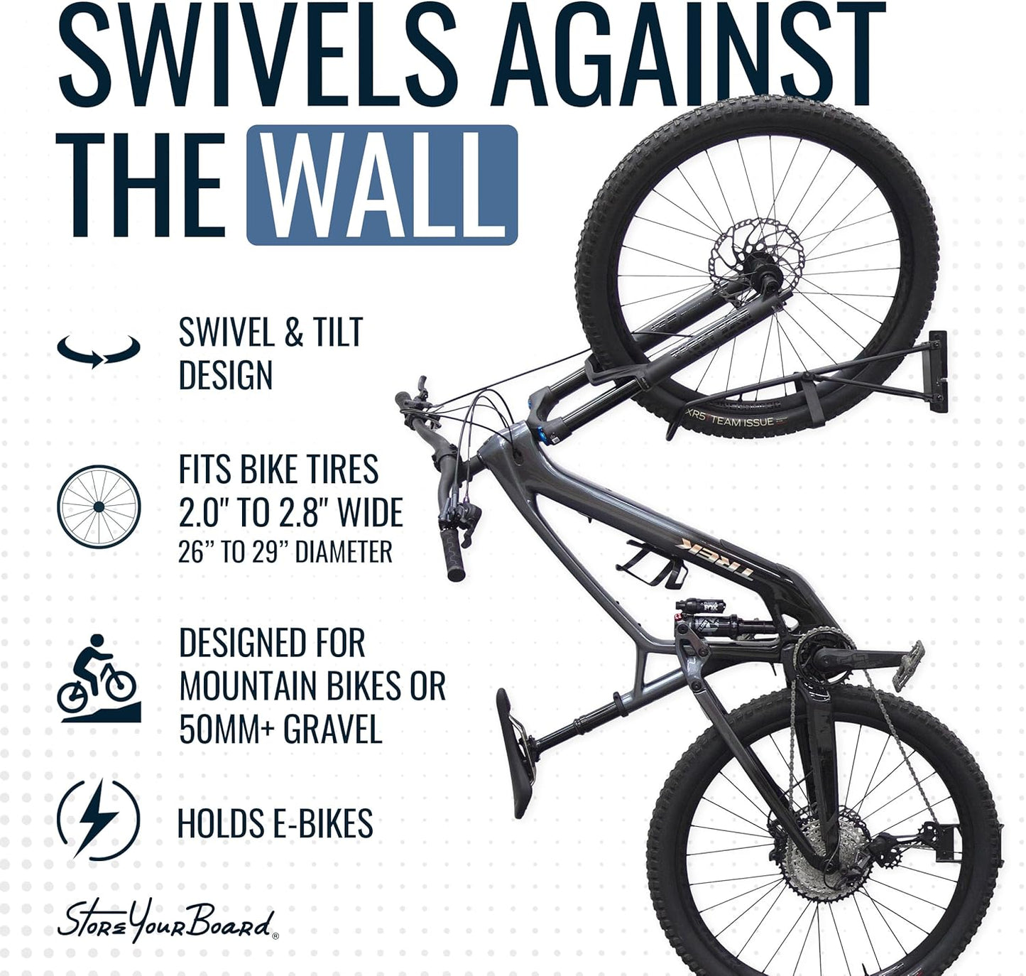 StoreYourBoard SwivelStow Mountain Bike Storage Rack 4 Pack – Heavy Duty Bike Hanger, No-Lift Bike Wall Mount for Garage Bike Storage, MTB and E-Bike, Holds 70 lbs, Patent-Pending