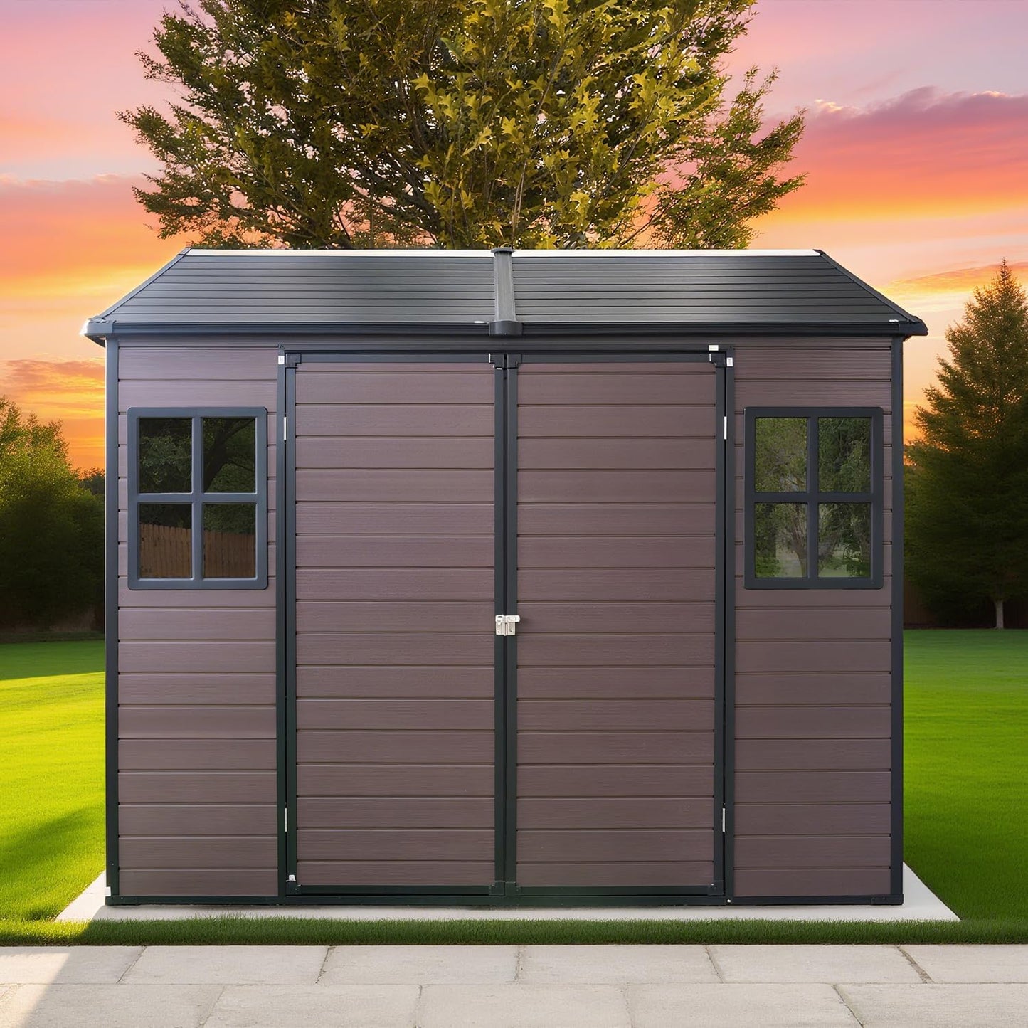 8x6 FT Outdoor Storage Shed with Floor,Waterproof Resin Plastic Bike Shed with Vents & Windows, Lockable Door, Garden Tool Shed Easy to Assembly for Lawn, Backyard, Patio, Brown